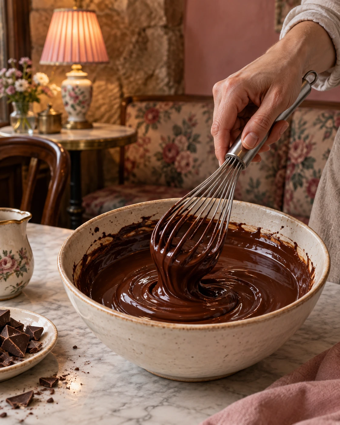 Una mano bate chocolate fundido en un cuenco de cerámica sobre una mesa de mármol, con el salón de fondo: lámpara rosa, pared de piedra y banco de flores