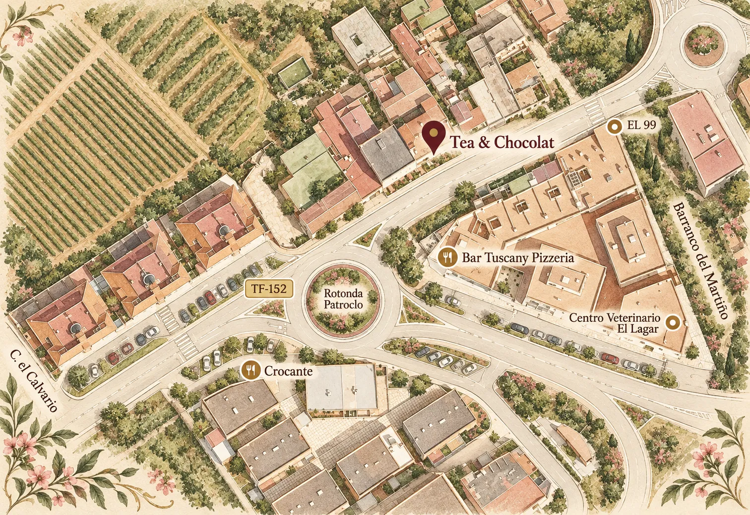 Mapa ilustrado de la zona: Tea & Chocolat en la carretera TF-152, junto a la rotonda Patroclo, entre la calle El Calvario y el barranco del Martiño