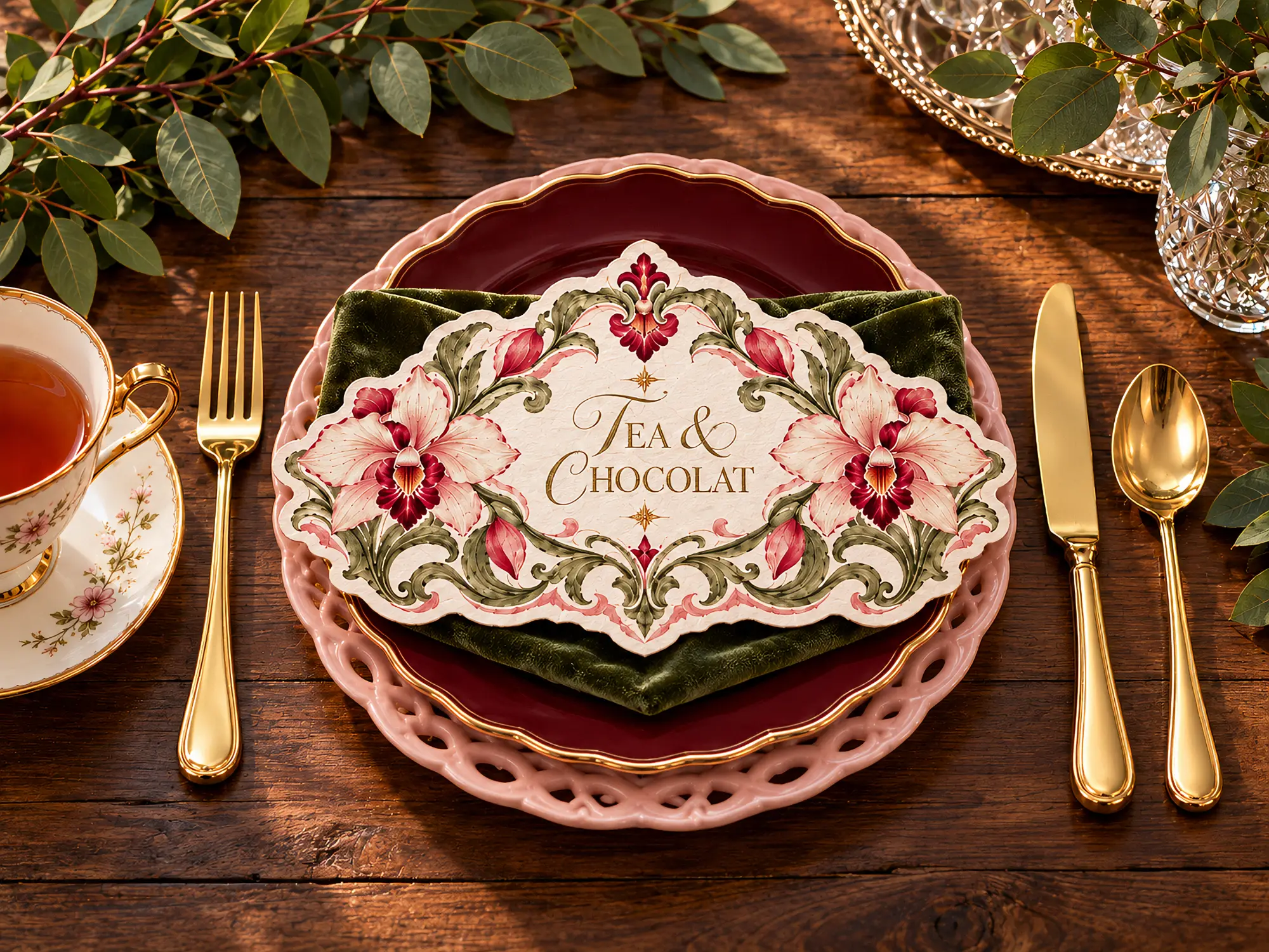Mesa de madera puesta para la merienda: plato burdeos sobre bajoplato rosa, servilleta de terciopelo verde y, encima, una tarjeta con orquídeas que dice Tea & Chocolat