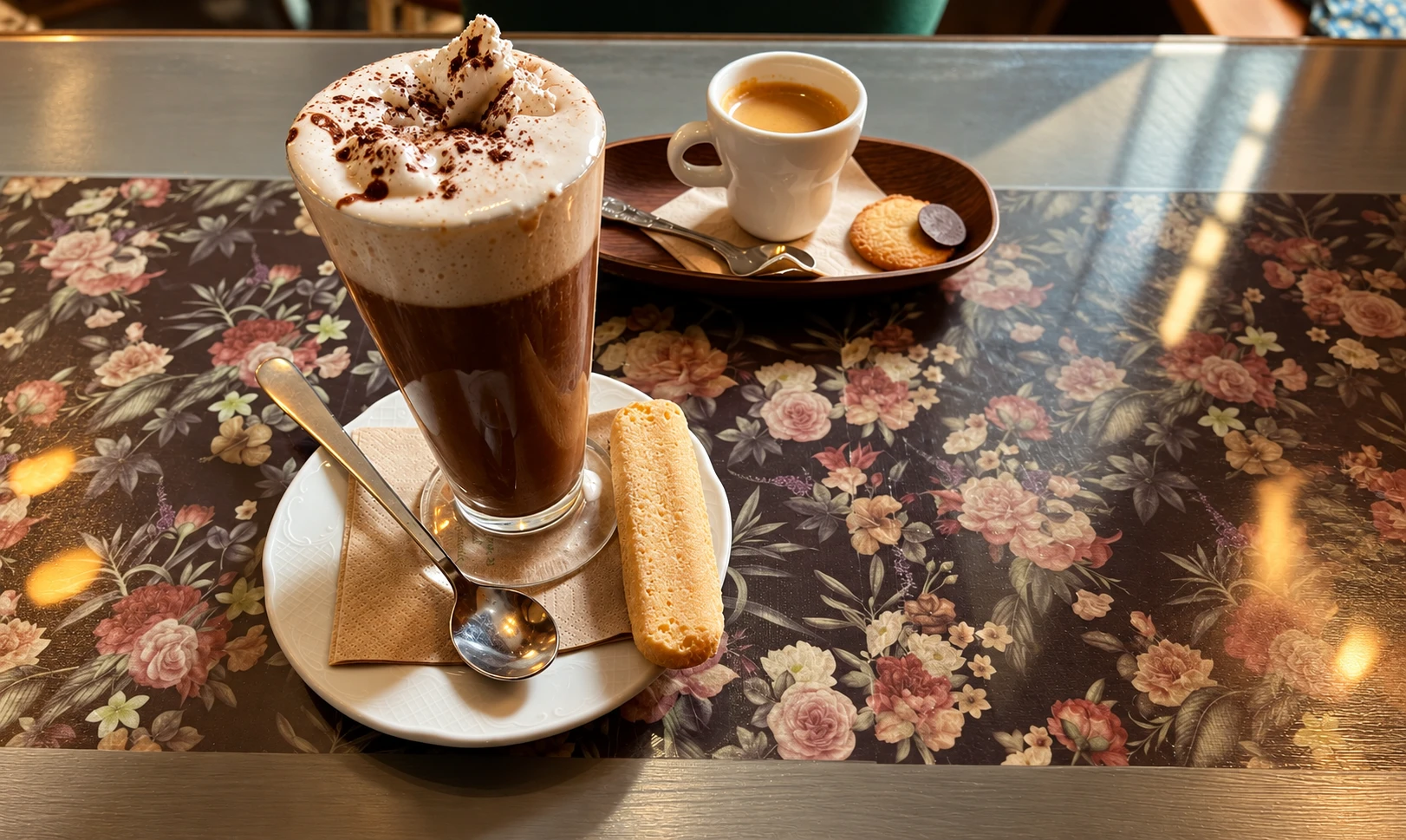 Un vaso alto de chocolate con nata y cacao, con un bizcocho de soletilla, junto a un café solo sobre una mesa de flores