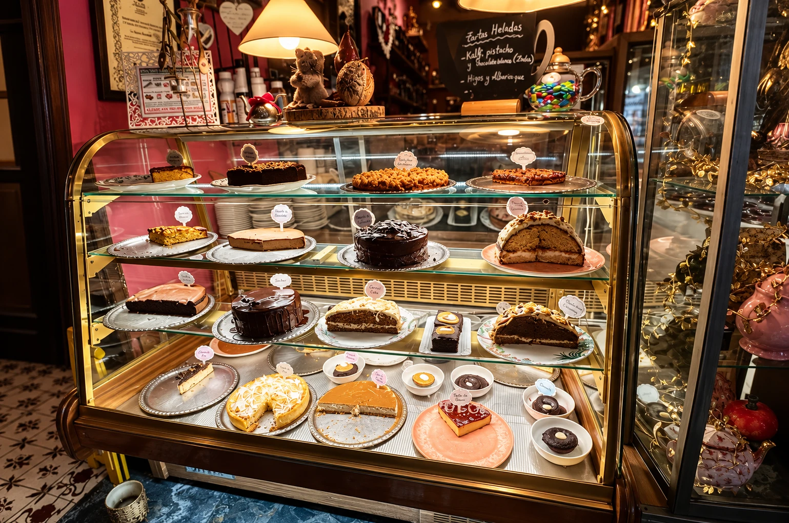 La vitrina de las tartas: cuatro baldas iluminadas con tartas de chocolate, de zanahoria, de queso y de limón