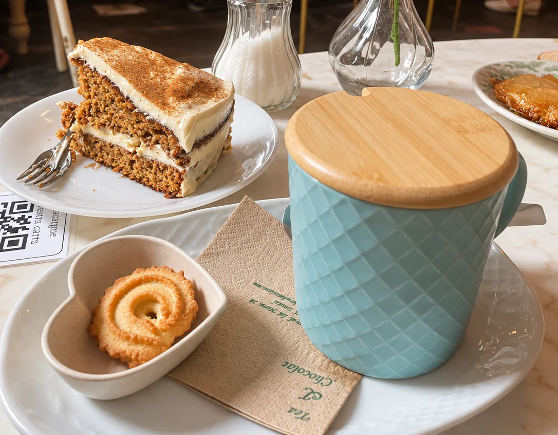 Una porción de tarta de zanahoria y una taza azul con tapa de bambú, con una galleta de mantequilla en un platito con forma de corazón
