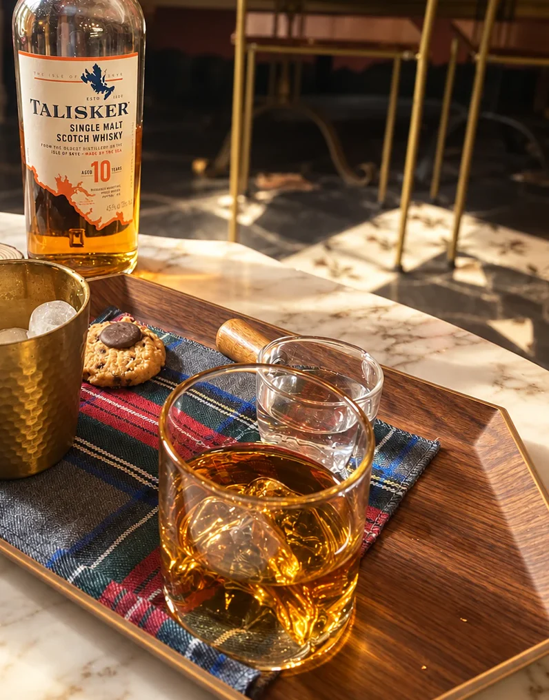 Un vaso de whisky con hielo sobre una bandeja de madera con mantel escocés, junto a una cubitera dorada y la botella
