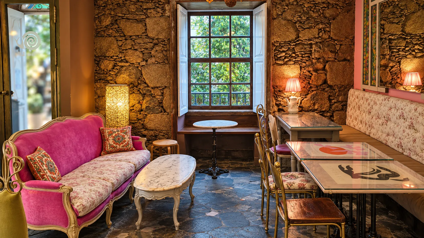 Un rincón junto a la ventana: pared de piedra, sofá rosa de estilo francés, mesa baja de mármol y lámparas encendidas