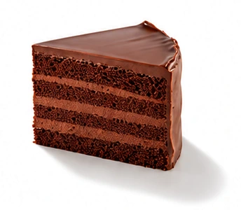 Porción de tarta de chocolate de cuatro capas con cobertura brillante