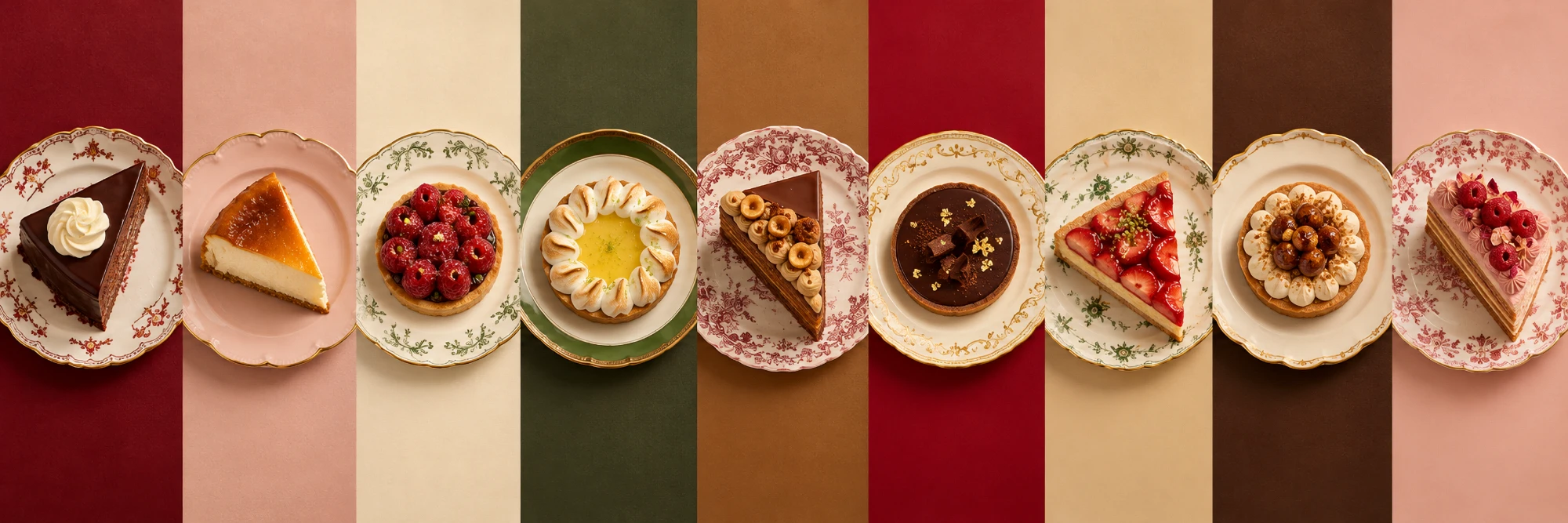 Nueve tartas en platos de porcelana antigua, cada una sobre una franja de color: Sacher, tarta de queso, tartaleta de frambuesas, tartaleta de limón con merengue, tarta de avellana, tartaleta de chocolate, tarta de fresas, tartaleta de caramelo y tarta de frambuesa